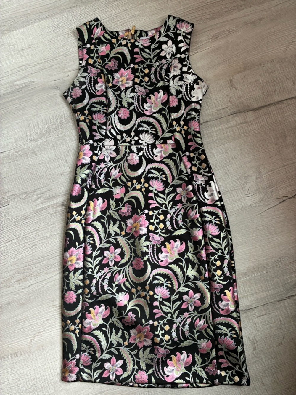 Shelby & Palmer Black Floral Jacquard Midi Dress with Pink & Green Accents